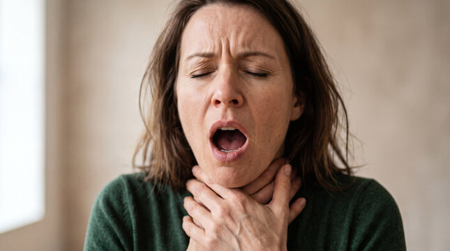 woman choking distress clutching throat panic emergency beige room photorealistic studio lighting wide angle ultra hd professional photography dramatic bokeh medical concern