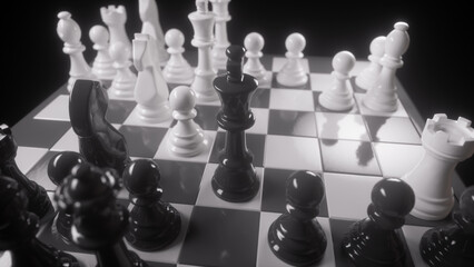 Black king chess piece surrounded by black pawns and knight, facing white rook and pawns on a dramatic chessboard. © Piotr Adamczyk