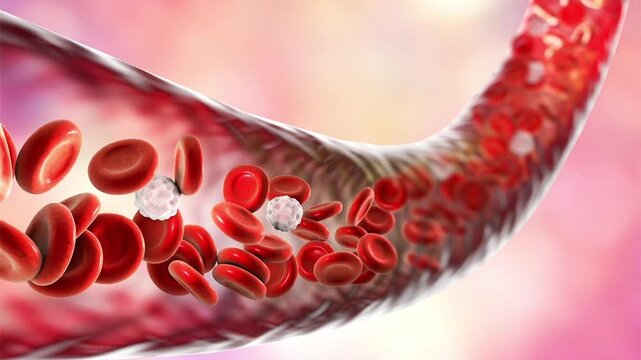 Blood vessel, 3D animation of red and white blood cells flowing through the vascular lumen in side view.
