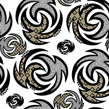 Abstract Seamless Pattern with Swirl Tribal Motifs and Ethnic Textures