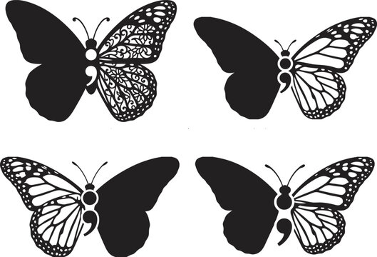 Black and white butterfly silhouettes, semicolon mental health symbols, intricate decorative wing patterns, set of vector illustrations