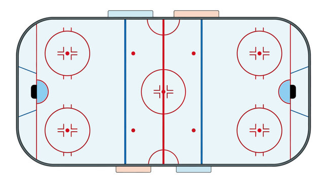 Ice hockey rink top view with red and blue lines markings vector illustration background