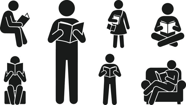 Reading people silhouette collection featuring students adults and families enjoying books for education and leisure