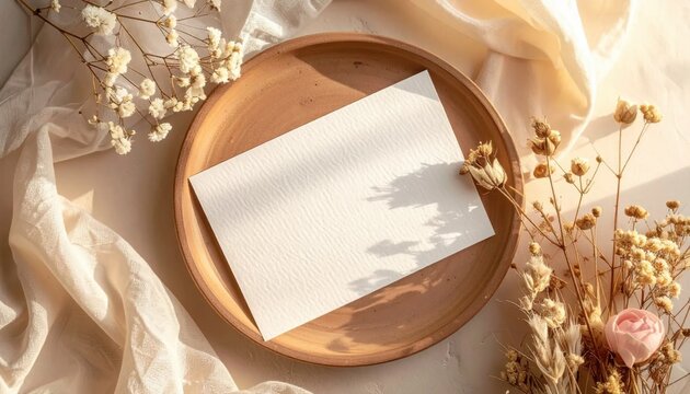 Blank card on wooden plate with dried flowers, rustic stationery mockup, wedding invitation, flat lay photography