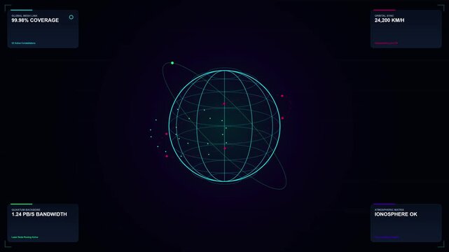 Neon grid wraps a planet with orbital paths and data points. Dark space background highlights global network coverage. Tech dashboard displays metrics like bandwidth and coverage
