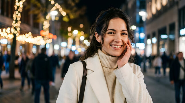 Handsome Young Man Walking Through a Vibrant City Street at Night, Stylish Urban Portrait with a Confident Smile and Modern Fashion Lifestyle Mood