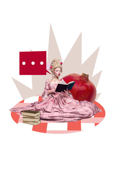 Creative 3D photo collage trend artwork template of pile book young lady sit read marie antoinette drama baroque style royal pomegranate