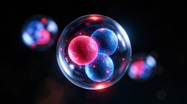 Quantum particle sphere atomic model subatomic particle proton structure electron cloud nucleus model scientific illustration microscopic view physics concept abstract space