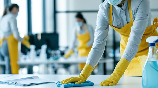Professional cleaning team in a modern office performing a deep clean