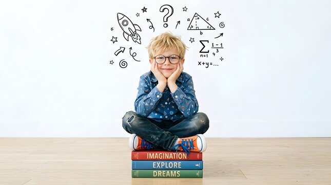 A young student sits amidst a whirlwind of academic symbols representing the challenges and excitement of returning to school and learning