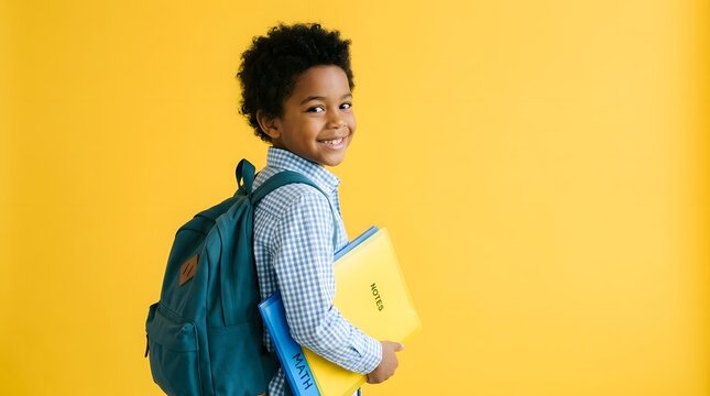 A young student equipped with a backpack and books eagerly anticipates a new school year filled with learning and growth