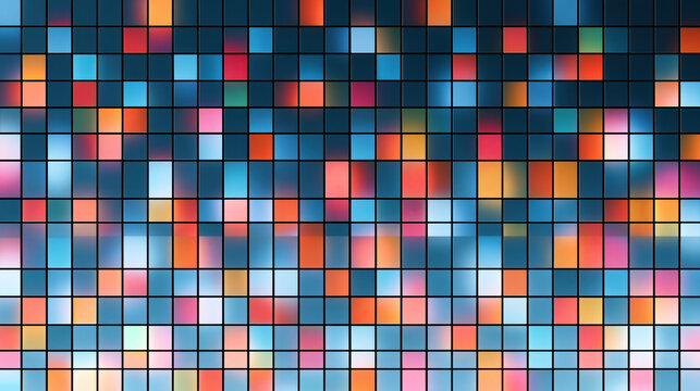 Abstract mosaic pattern with colorful square tiles and dark grid
