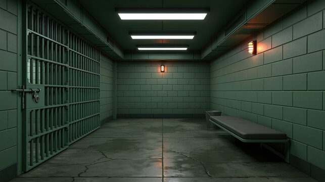 Jail cell interior empty prison room metal bar gate concrete wall bench seat fluorescent light green wall detention room cold interior security room