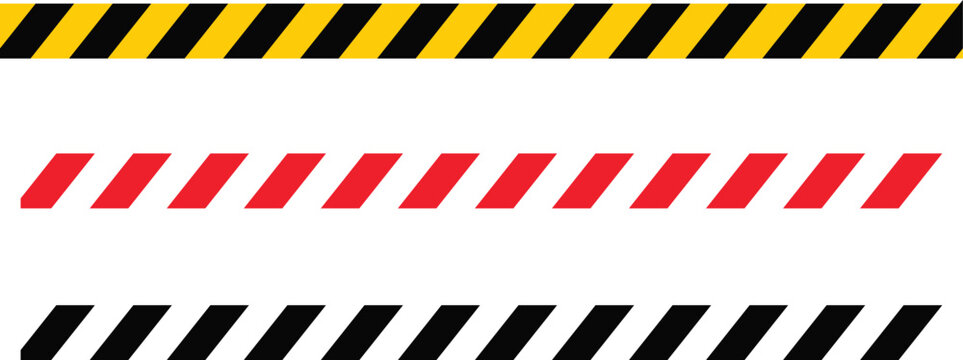 Set of three hazard warning tape strips with diagonal stripes in yellow black red and black white