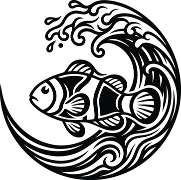 Black and white vector illustration of a cute clownfish swimming inside a stylized ocean wave design