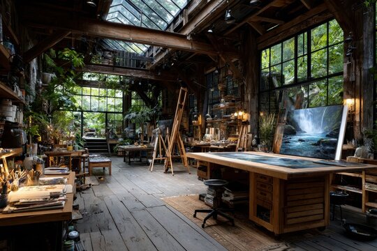 Rustic Art Studio with Waterfall Painting and Greenery