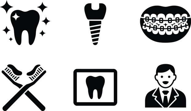 Dental and Dentistry Solid Icon Set, tooth implant, braces, root canal, dental clinic, and oral healthcare symbols for medical projects, dentistry services, patient education, 