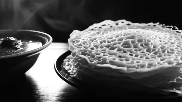 Black and White Close Up of Steaming Soup and Stacked Rice Pancakes, Traditional Meal