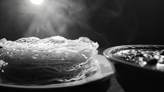 Black and white close up of traditional South Asian appam and curry with steam rising against a dark backdrop