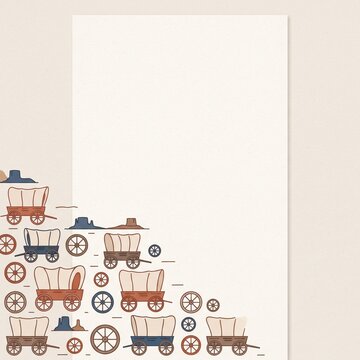 Minimal covered wagon wheel pattern in bottom corner, western vector illustration, large upper copy space