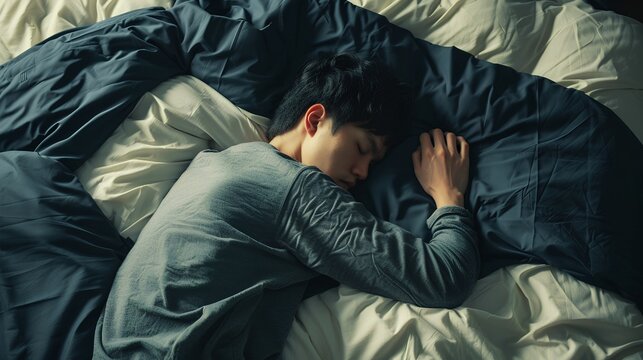 A bird&rsquo;s-eye view of a young man sleeping on his side in bed