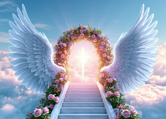 Obraz premium Heaven gate above fluffy white cloud giant angel wing arch floral stairway glowing cross celestial portal pink rose bloom heavenly sky spiritual path