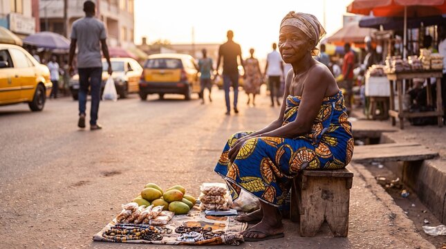 Elderly African woman selling mangoes and beads at street market during golden hour
