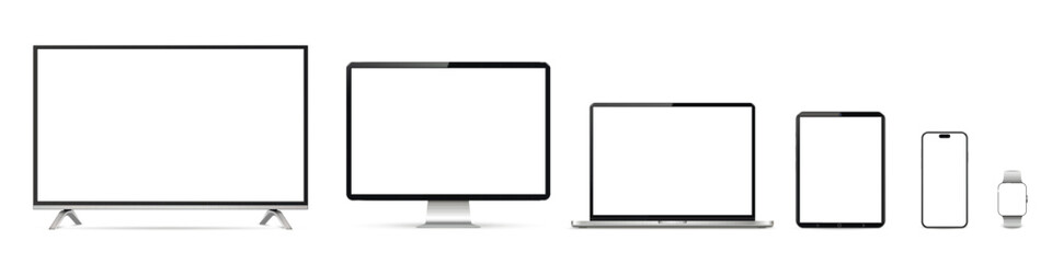 Fototapeta na wymiar Realistic smart television screen, computer display, laptop, tablet pc, smartphone and smartwatch mockup