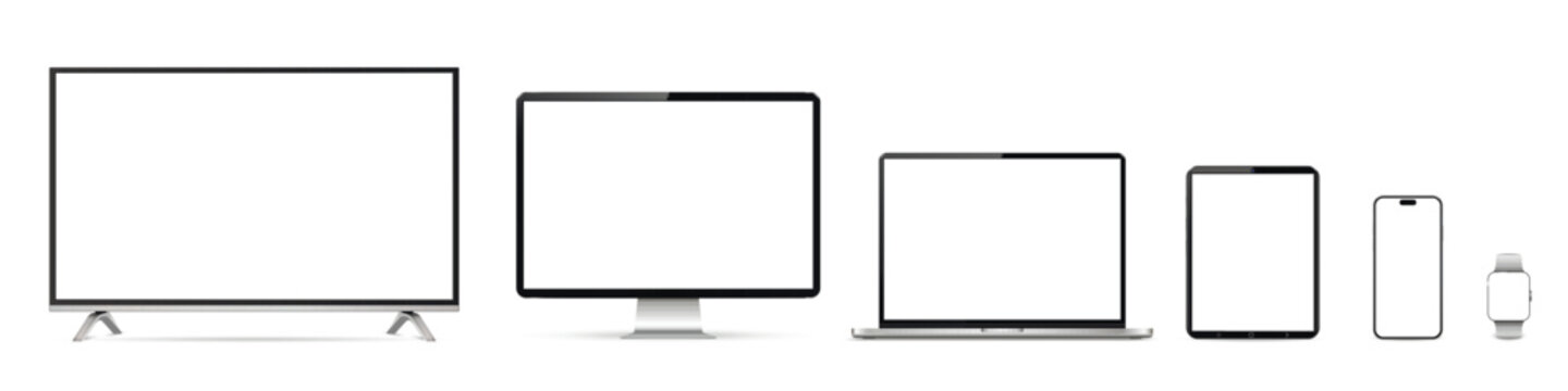 Realistic smart television screen, computer display, laptop, tablet pc, smartphone and smartwatch mockup