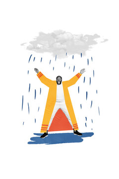 Vertical photo collage of excited american guy wear raincoat stand rainfall shower autumn bad weather isolated on painted background