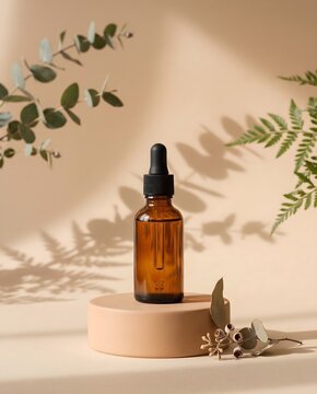 Cosmetic Glass Dropper Bottle Mockup for Skincare Branding with Natural Leaves