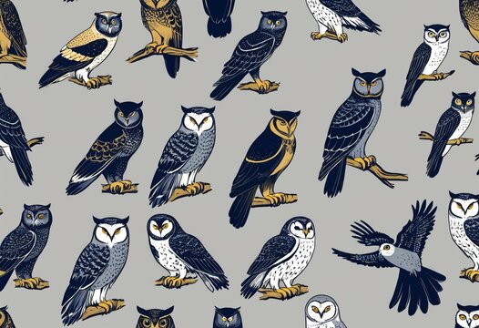Seamless pattern of various stylized owls on a neutral grey background, wildlife illustration