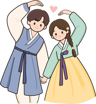 명절 인사와 메시지 전달을 위한 다정한 한복 커플