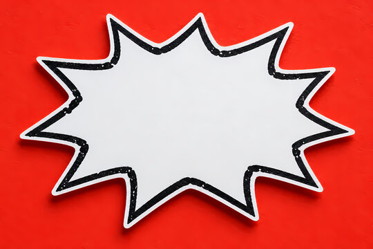 White blank starburst speech bubble with a rough black outline on a vivid red background, styled as a paper cutout comic explosion callout with empty space for text or message