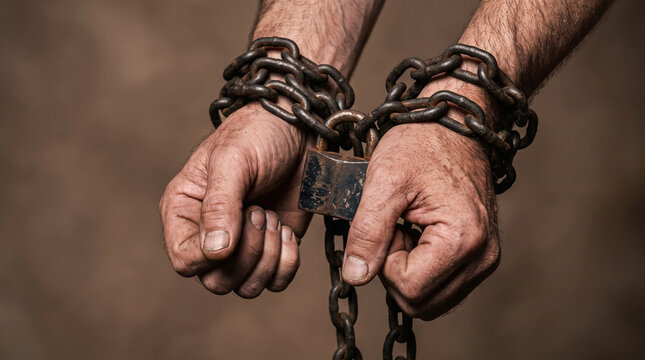 A close-up of hands bound by heavy metal chains in a moody, shadowy setting.