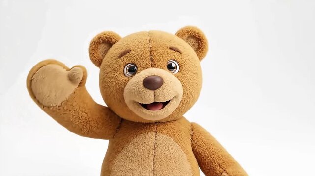 Friendly animated teddy bear toy character waving hand isolated on white background