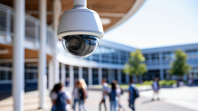 Surveillance camera in school campus with blurred student background, modern security system for education building and outdoor safety