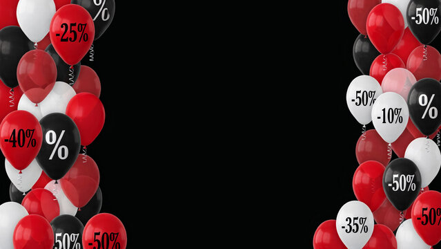 Black Friday sales promotional banner with glossy red, black, and white discount balloons with percentage tags surrounding empty copy space on dark background.