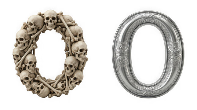 Two versions of the number zero, one made of skulls and bones, one ornate silver metal isolated on transparent background