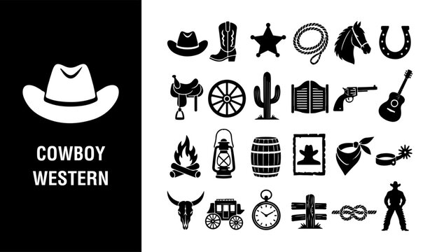 Cowboy western glyph icon set with ranch and frontier symbols