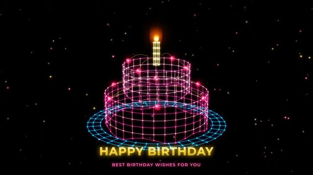 Glowing neon wireframe birthday cake animation with happy birthday wishes text on dark starry background