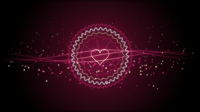 Glowing pink heart badge with neon waves and shimmering magic particles background, animation
