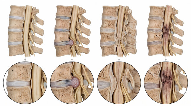 Medical illustration showing different stages of spinal disc degeneration and herniation