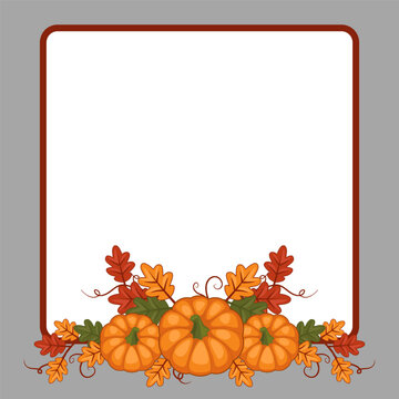 Square Autumn Frame Vector with Pumpkins and Oak Leaves Border
