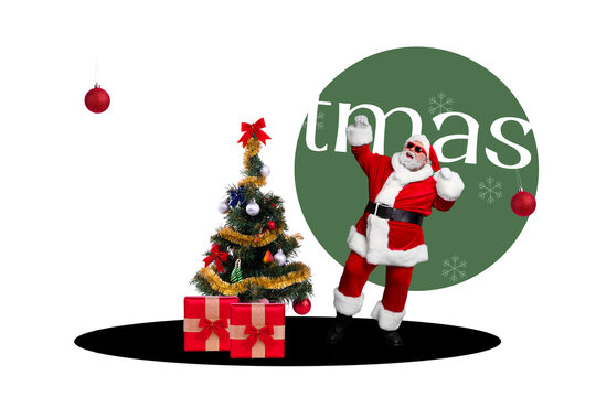 Trend artwork sketch image photo collage of&nbsp;merry christmas new year holiday celebration aged man santa claus eve tree present box