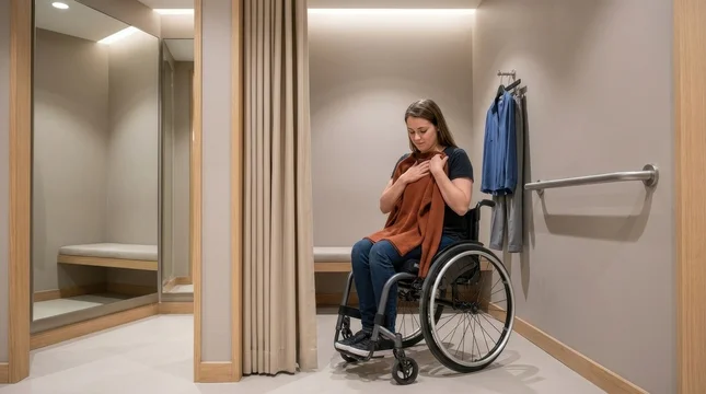 Disabled woman sitting in wheelchair trying on clothes inside accessible store fitting room