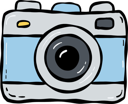 Cute photo camera. Hand-drawn doodle retro photo camera isolated background. Flat cartoon-style photography icon, clip art, sticker element for graphic design. 