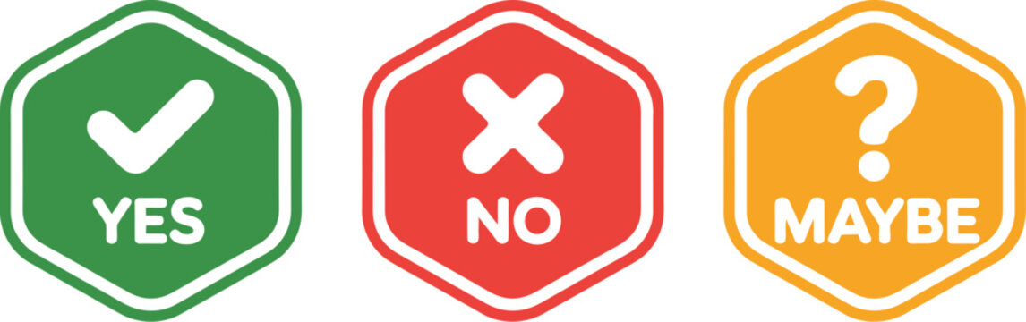 Set Vector Check, Cross and Question Mark Icon Sign, yes no maybe symbol labels, decision making badges, approval status markers, choice indicators, and modern template design illustration.