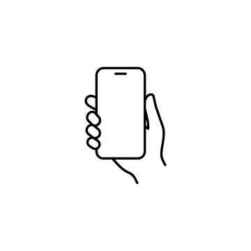 Simple line drawing of a hand holding a mobile device with smartphone technology minimalist communication cellular