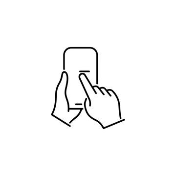 Line art icon representing two hands with a finger touching a smartphone screen smartphone technology interactive